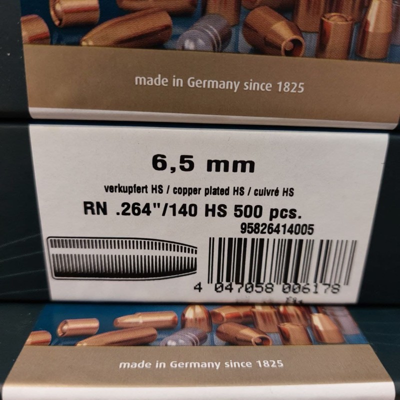 OGIVES H&N Cal.6.5MM .264 140GRS RN HIGH SPEED - BOITE DE 500 UNITÉS