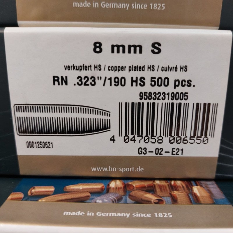 OGIVES H&N 8MM .323 190GRS RN HIGH SPEED - BOITE DE 500 UNITÉS