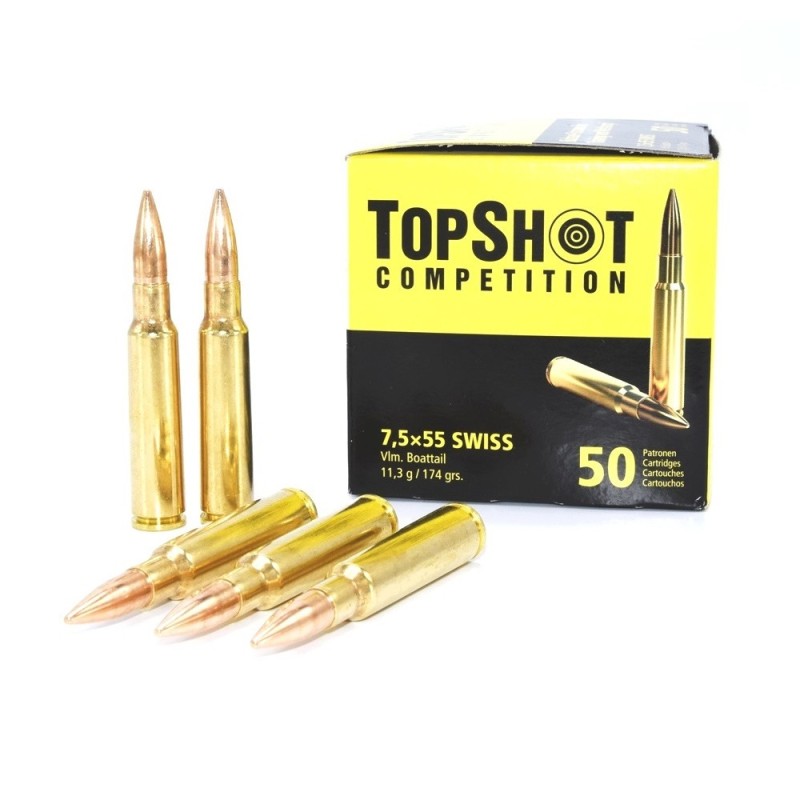 Cartouches TOP SHOT Calibre 7,5x55 SUISSE FMJBT 174grs - Boite de 50 unités